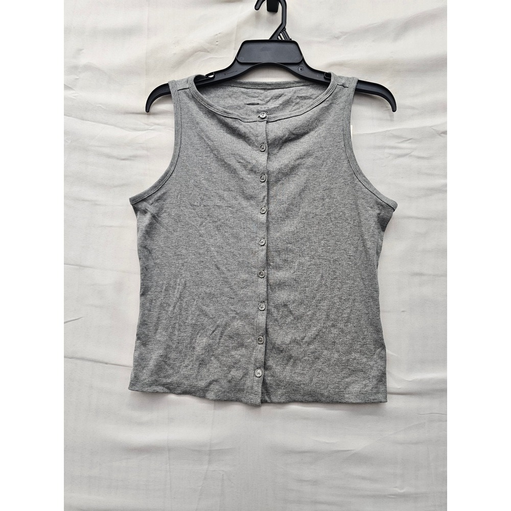 A New Day Womens Button Front Tank Top Gray Cotton Blend Casual Size Small